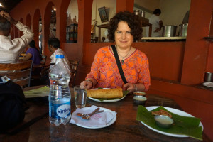 Kelley at breakfast on the way to Mysore. 